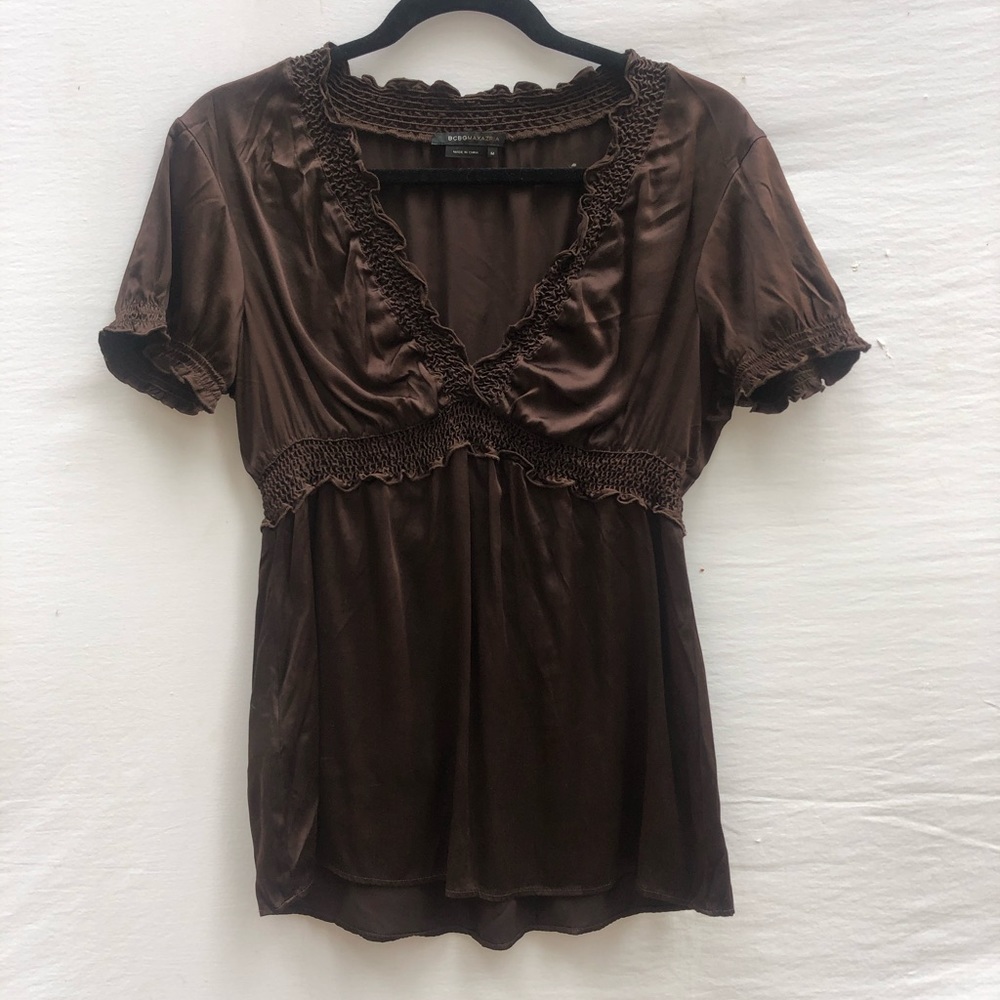 BCBG MaxAzria Brown, stretch silk blouse